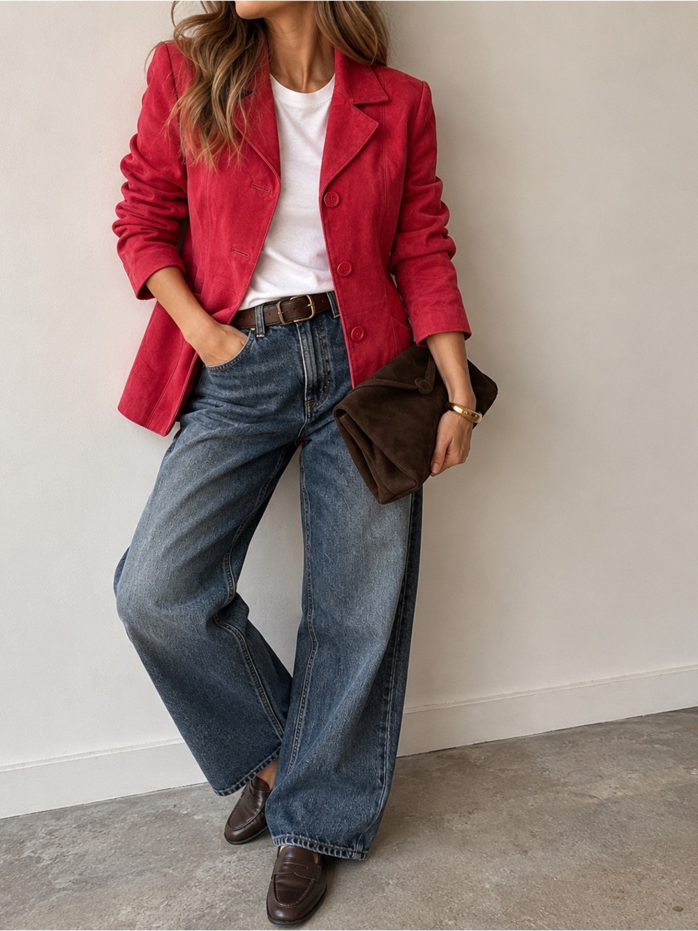 Raspberry Red Suede Leather Blazer Jacket Longline Coat Small